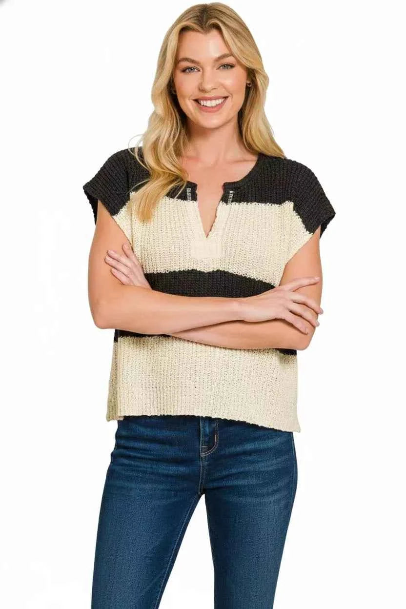 Zenana Black Stripe Sweater Split Neck Sleeveless Knit Top Short Sleeve 3f1c457d-b6a6-4090-be1b-f1f880276dbb-Max-Origin Trendsi