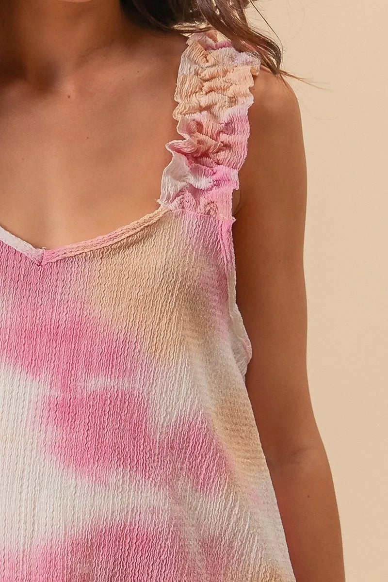 BiBi Tie Dye Top Printed Textured Woven with Ruffled Wide Straps 3f1df4534218498ab6584eacd0e3920d-Max-Origin Trendsi