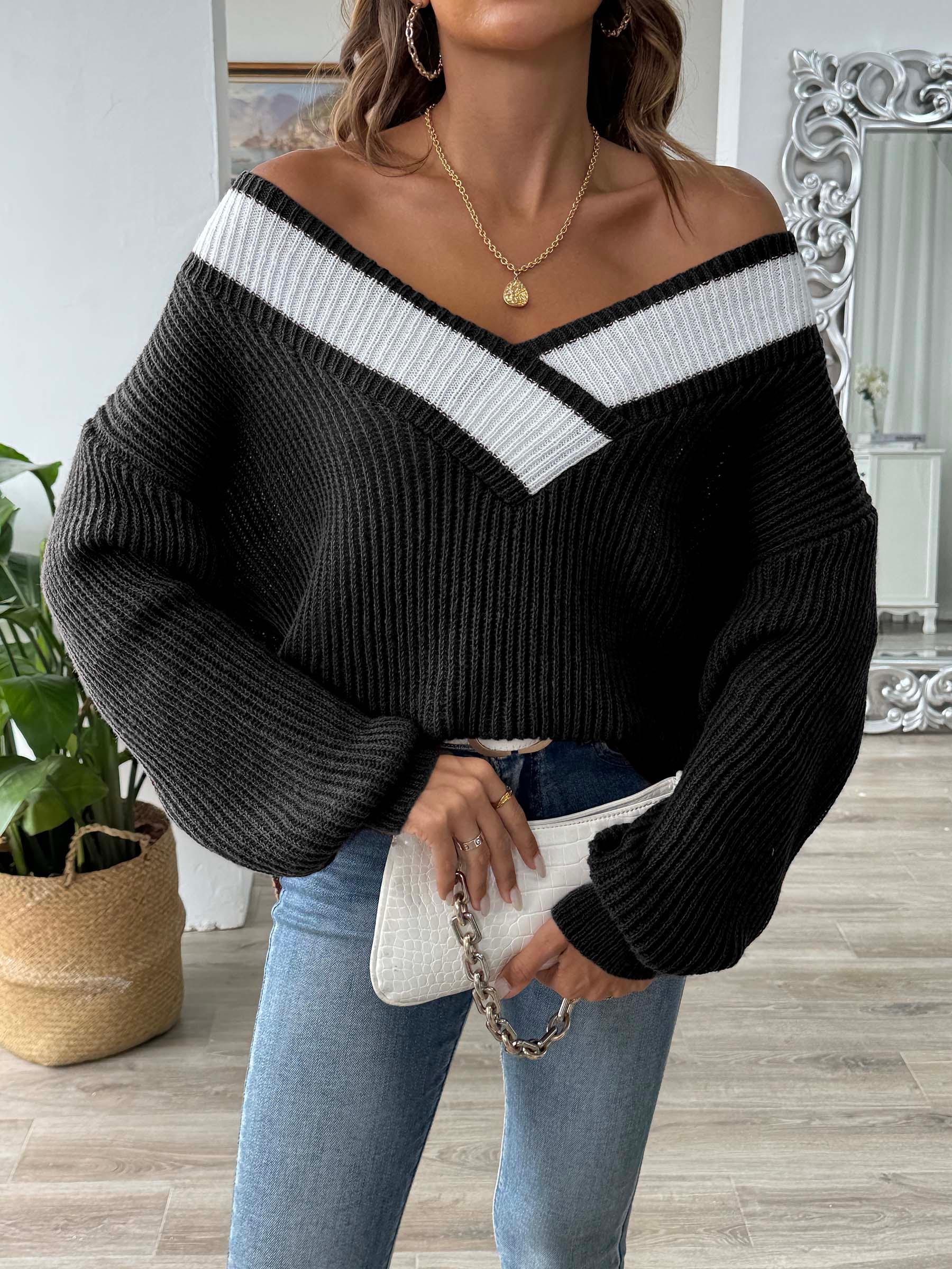 Sweater V Neck Contrast Dropped Shoulder Long Sleeve Knitwear Black 3f21b3cf-7a26-494f-a6ad-47422284ee4c-Max Trendsi