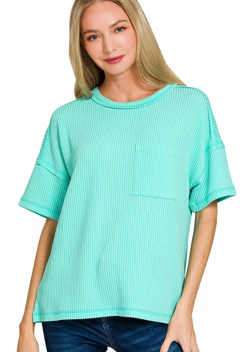 Zenana Raised Rib Exposed Seam Short Sleeve Top