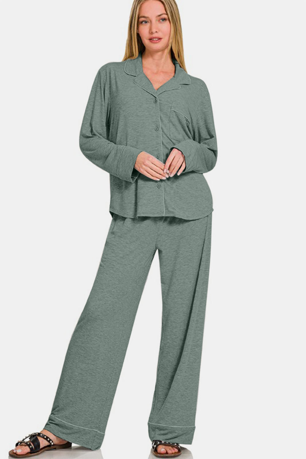 Zenana Lounge Set Button Down Long Sleeve Top and Pants Loungewear