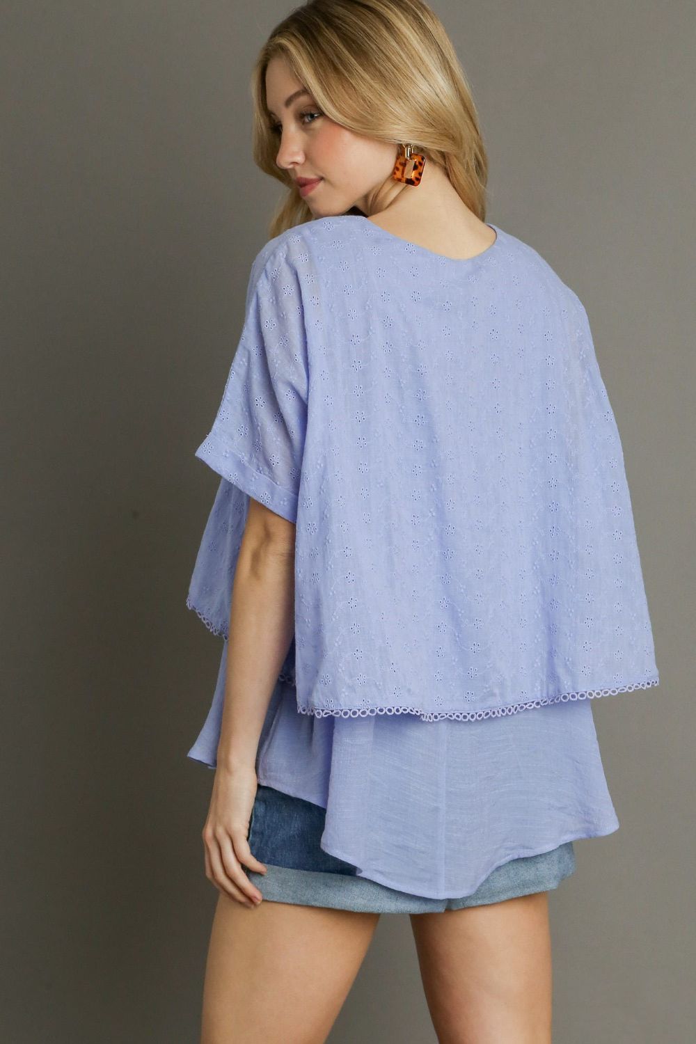 Umgee Blouse Light Blue Eyelet Layered Cotton Short Sleeve Top 3f32f595-bc93-4cbb-b4d8-fb0632b60ff6-Max Trendsi