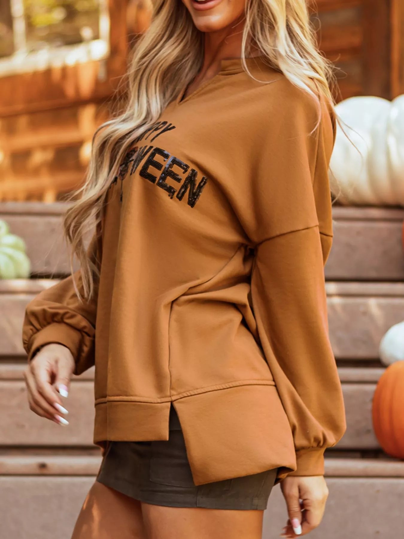 Women's Oversized Sweatshirt Happy Halloween Graphic Notched Long Sleeve Top 3f3684b3-668a-444e-8e73-77ad89824310-Max-Origin Trendsi