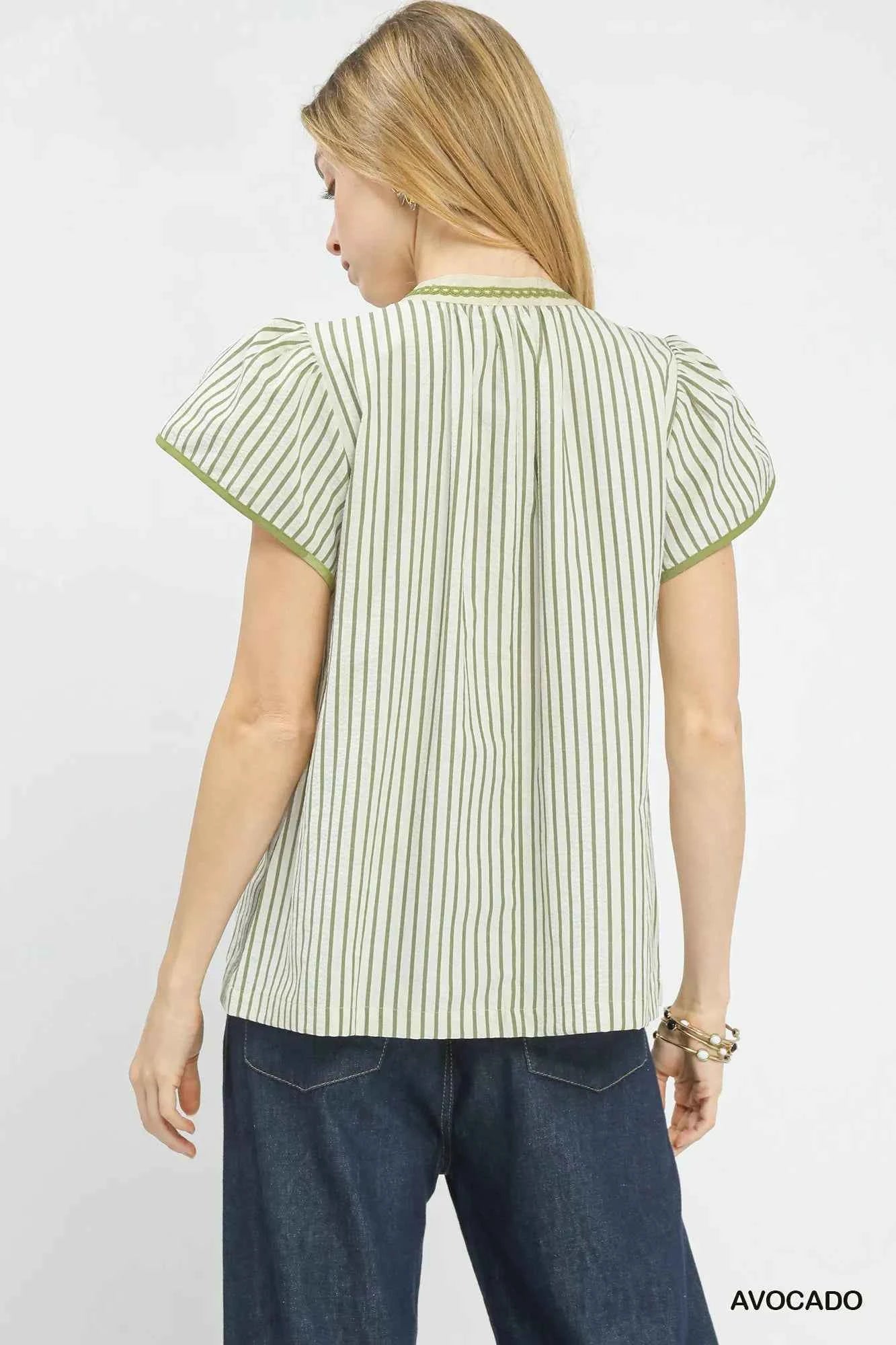 Umgee Blouse V-Neck Avocado Green Stripe Embroidered Top with Lace Trim 3f37a51d-9bac-433d-9e26-f912b6cfa925-Max-Origin Trendsi