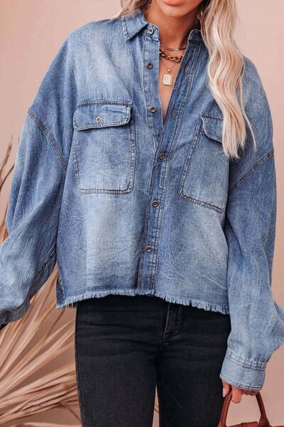 Denim Shirt Women's Raw Hem Long Sleeve Front Patch Pockets Top Light 3f3acda9-6969-4186-80f6-ac4aca21aebd-Min Trendsi
