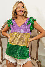 BiBi Womens Blouse Mardi Gras Sequin Color Block Ruffled Top Short Sleeve 3f3de2f2aec04d6296e3d74136b8a359-Max-Origin Trendsi