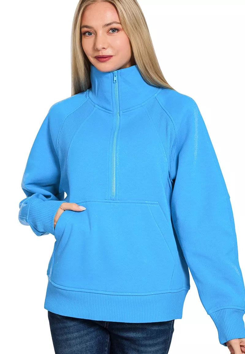 Zenana Half Zip Fleece Sweatshirt with Kangaroo Pocket