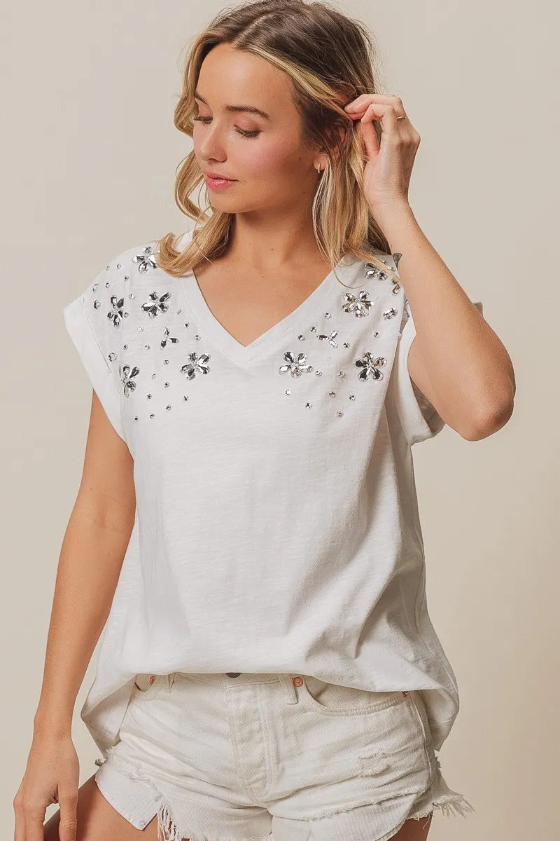 BiBi Cotton T-shirt Slub Jersey Rhinestone Flowers Beaded V Neck Top 3f46c1a0908e4725b10246010f378976-Max-Origin Trendsi