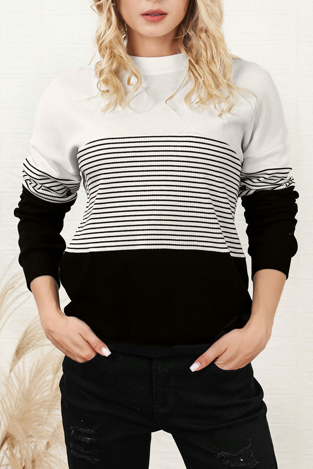 Women Knit Top Striped White Black Color Block Long Sleeve Pullover 3f47da87-3065-4f85-bdf4-55aff095cd4f-Max Trendsi