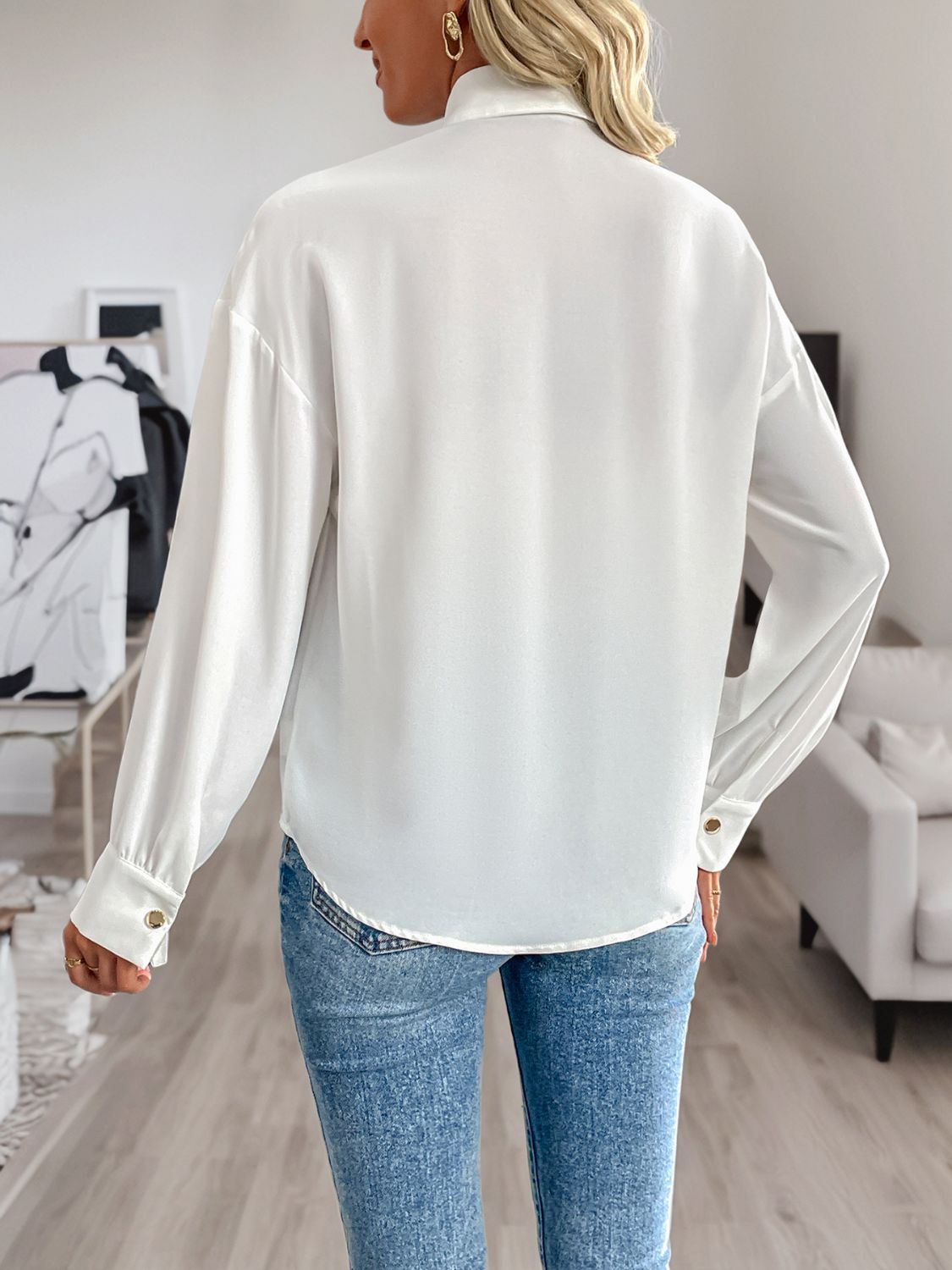 Perfee White Shirt Sequin Contrast Collared Neck Long Sleeve Women Blouse