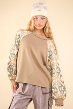 VERY J Printed Long Sleeve Round Neck Knit Top Taupe 3f4f2279-5be2-4577-8be3-40dd2b5238a4-Max Trendsi