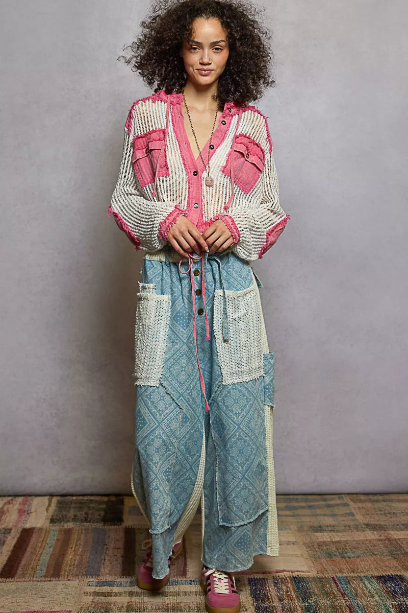 POL Womens Shirt Texture Woven Pink Mix Hooded Top with Drawstring Hem 3f51dbd9-b431-4b57-b6c5-1b8ed6d218ab-Max-Origin Trendsi