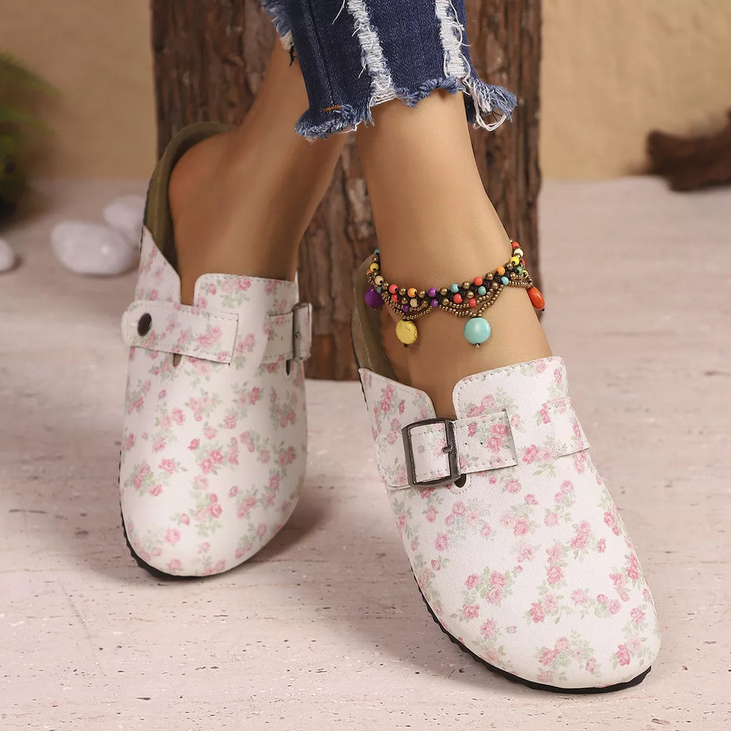 Floral Print Slip-On Shoes with Decorative Buckle