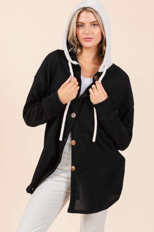 BOMBOM USA Shacket Hooded Textured Black Ribbed Long Sleeve Pocketed