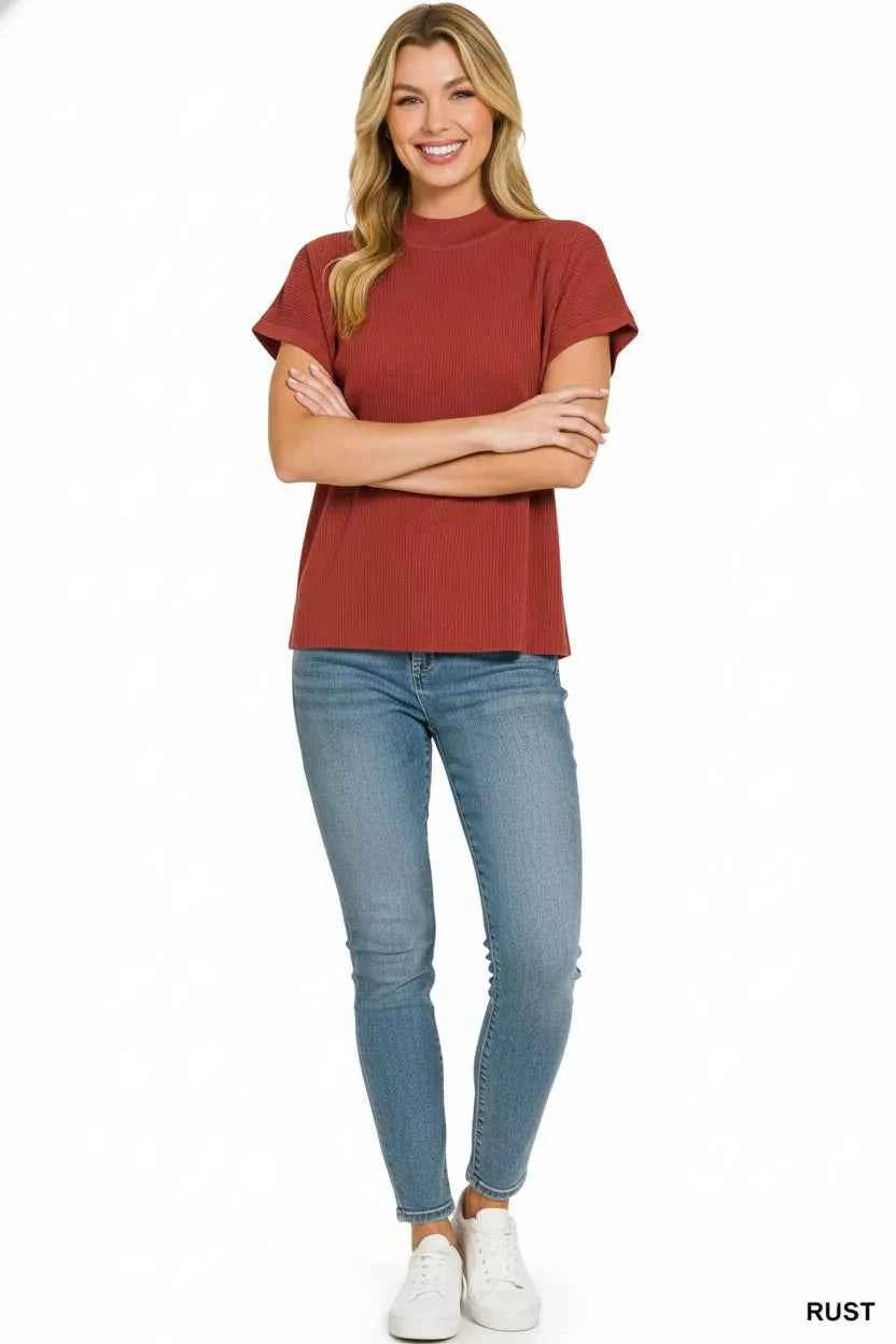 Zenana Viscose Mock Neck Short Sleeve Boxy Sweater