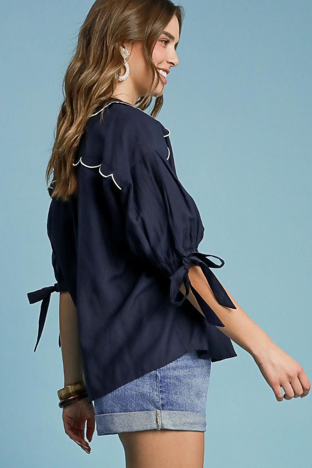 Umgee Shirt Dark Navy Embroidered Detail Bow Tied Short Sleeve Top