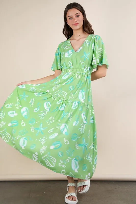 VERY J Midi Dress Sage Green Summer Resort Printed V-Neck Ruffle Short Sleeve 3f7195bea0344122996e20426df30859-Max-Origin Trendsi