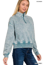 Zenana Womens Fleece Sweatshirt Blue Gary Acid Wash Half Zip Collared 3f7671c3-0134-4b63-844a-9e4989574e16-Max-Origin Trendsi