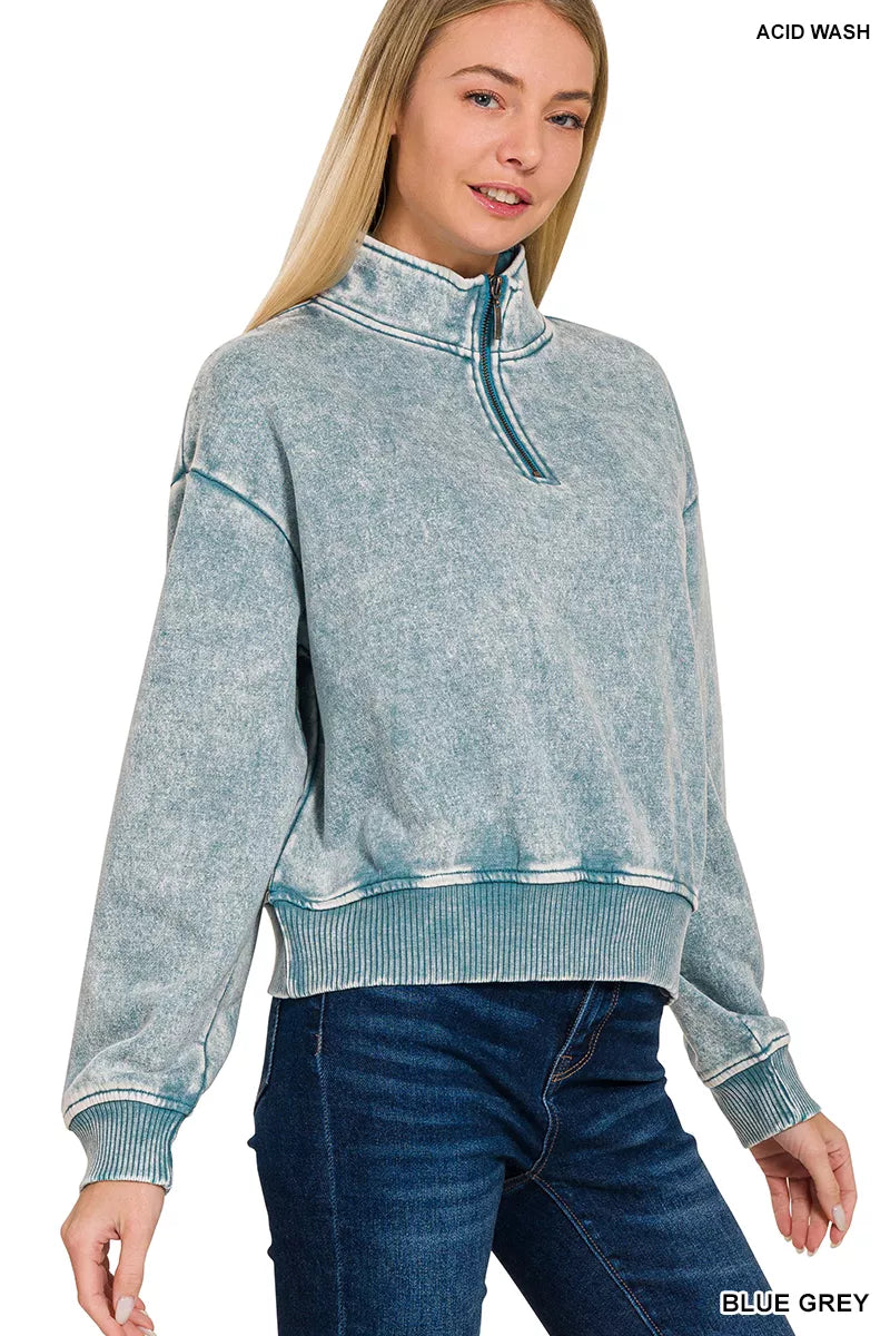 Zenana Womens Fleece Sweatshirt Blue Gary Acid Wash Half Zip Collared