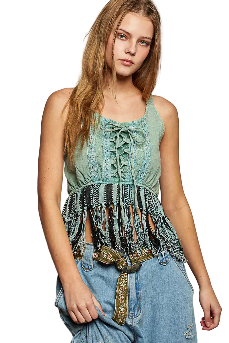 POL Lace-Up Fringed Hem Tank Top with Lace Trim Detail