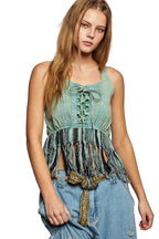 POL Lace-Up Fringed Hem Tank Top with Lace Trim Detail