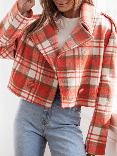Plaid Cropped Women's Jacket Lapel Collar Single Breasted Long Sleeve Outwear 3f8861a8-63d5-421d-a009-588188246f81-Min Trendsi