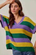 SO ME Women Sweater Purple Mix Mardi Gras Loose Fit V Neck Stripe Top 3f8b3082a17d4093a3d361e5613d5eeb-Max-Origin Trendsi