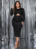 Honey Plus Size Long Sleeve Dress with Round Neck, Cutout Detail, and Side Slit