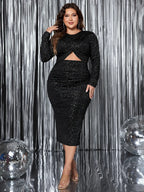 Honey Plus Size Long Sleeve Dress with Round Neck, Cutout Detail, and Side Slit