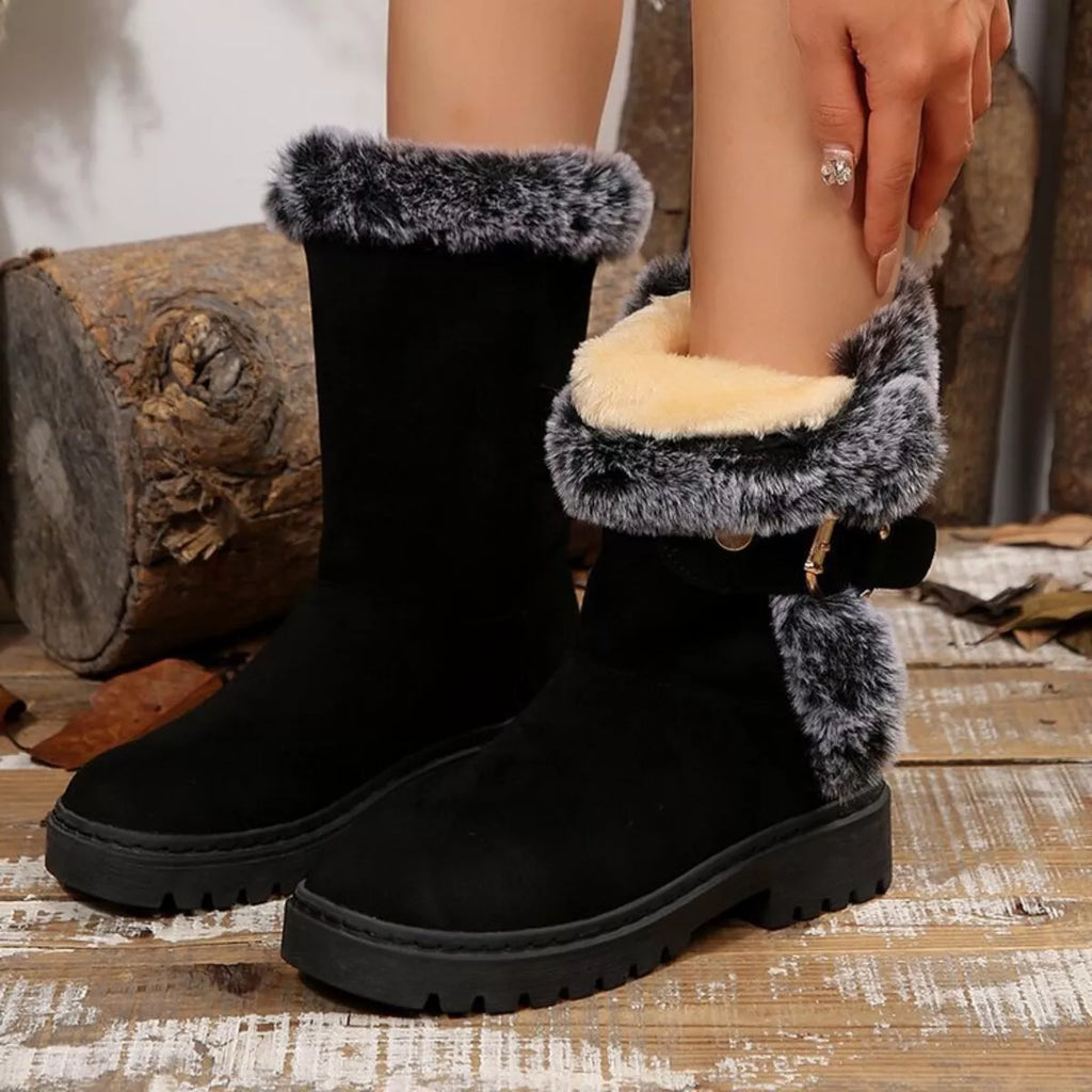 Women's Boots Faux Fur Lined Round Toe Platform Block Mid Heels Shoes Black 3f99529dc0da42f7b7b12a7dc574b1e0-Max-Origin Trendsi