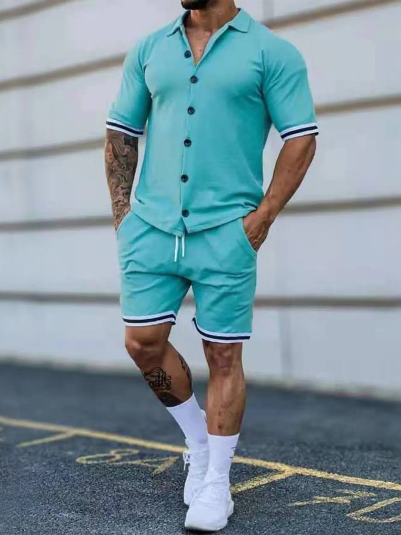 Men's Outfit Set Casual Striped Hem Button Up Short Sleeve Top and Shorts Lake Blue 3f9cc22696c44dd6af230cc81898e8dd-Max-Origin Trendsi