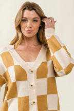 BiBi Cardigan Knit Ivory Camel Checked V-neck Long Sleeve Sweater 3f9e8e4a1e89414c900180705d31e64f-Max-Origin Trendsi