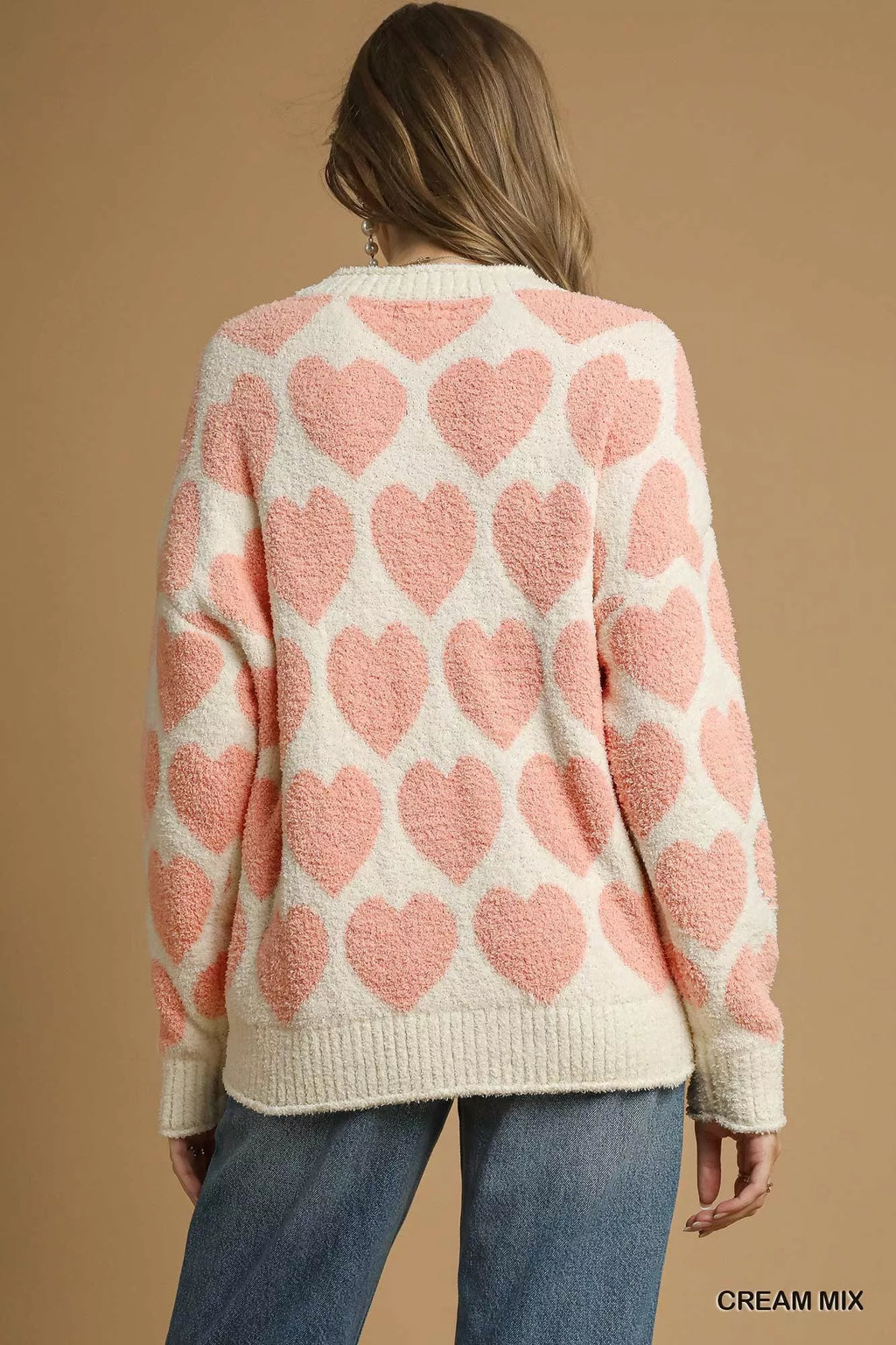 Umgee Womens Sweater Heart Cream Pink Mix Pearl Pattern Accent 3fa05d9f-8b5b-4d0f-b1bc-71d965482640-Max-Origin Trendsi