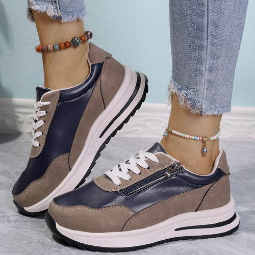 Zipper Detail Lace-Up Sneakers with Low Heel, PU Leather and Rubber Sole
