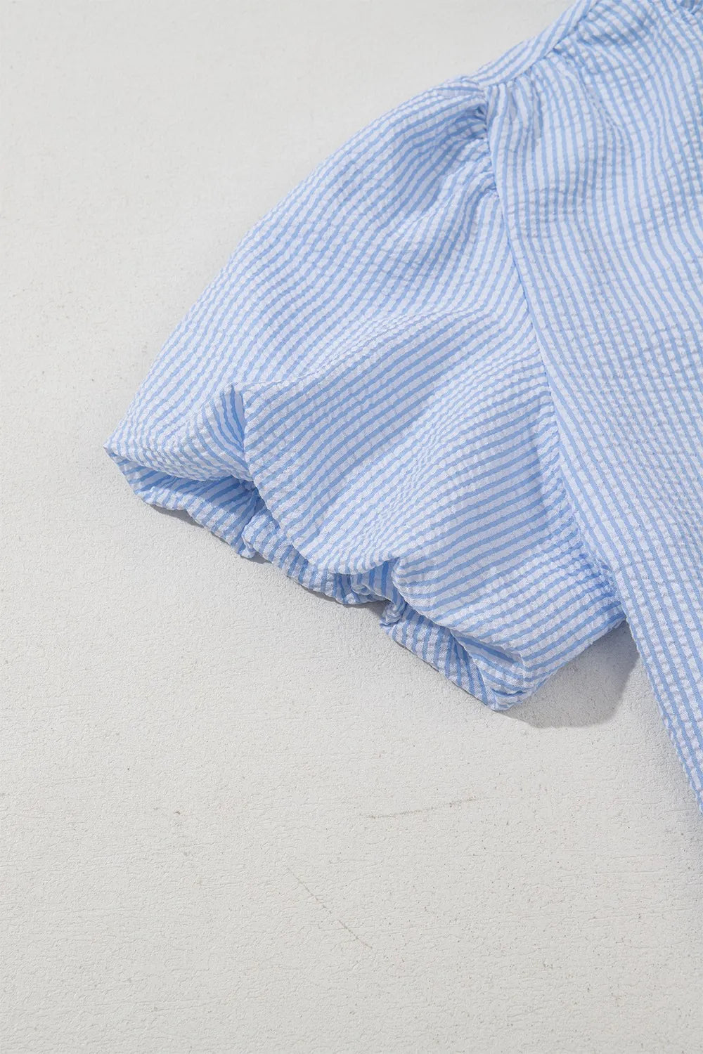 Women's Shirt Striped Ruffle Short Bubble Sleeve Mock Neck 3faee21b-857e-45ab-8c39-0d7b5178b0ea-Max-Origin Trendsi