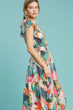 Umgee Midi Dress Orange Leaf Mix Print Cap Short Sleeve Tiered High Waist 3fb03027-2563-438b-b6cf-870645a432ea-Max Trendsi