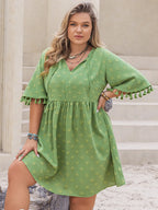 Plus Size Mini Dress with Tied Tassel Detail and Half Sleeves