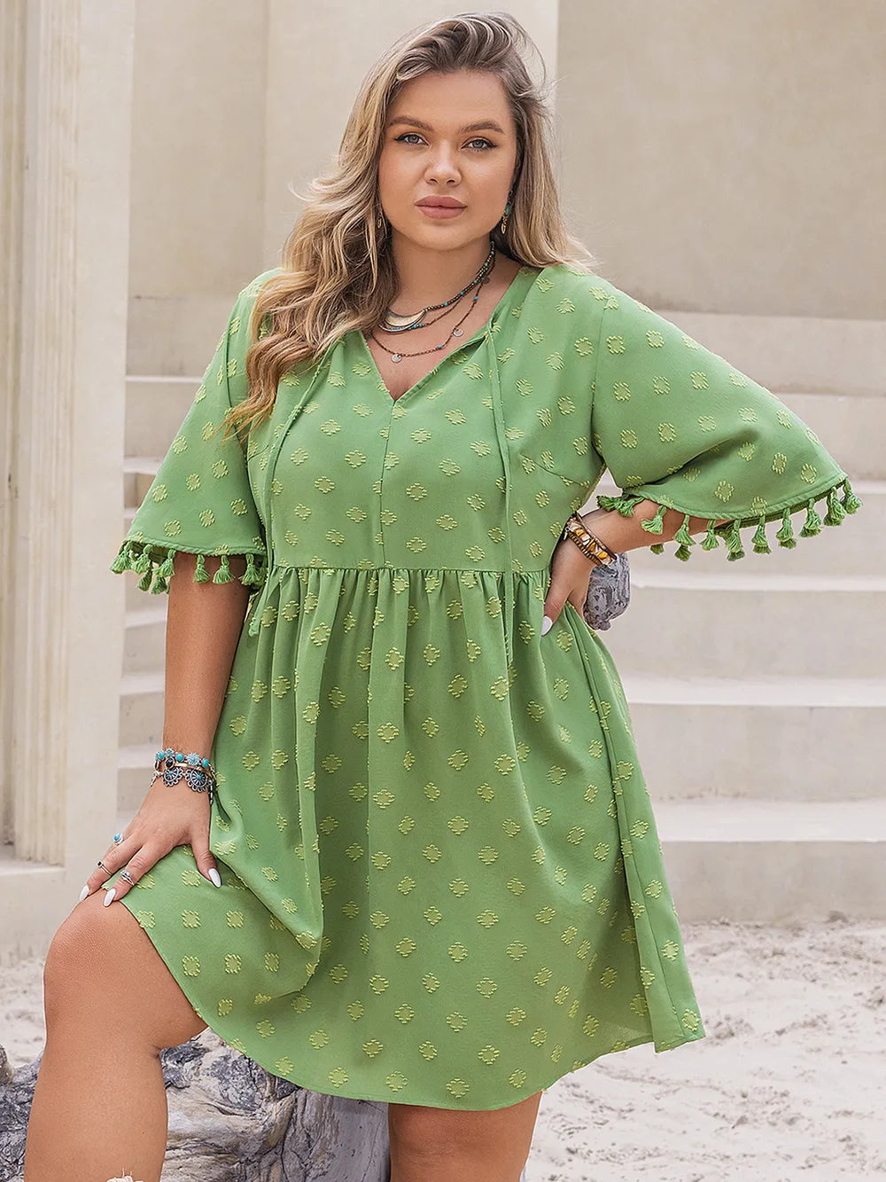 Plus Size Mini Dress with Tied Tassel Detail and Half Sleeves