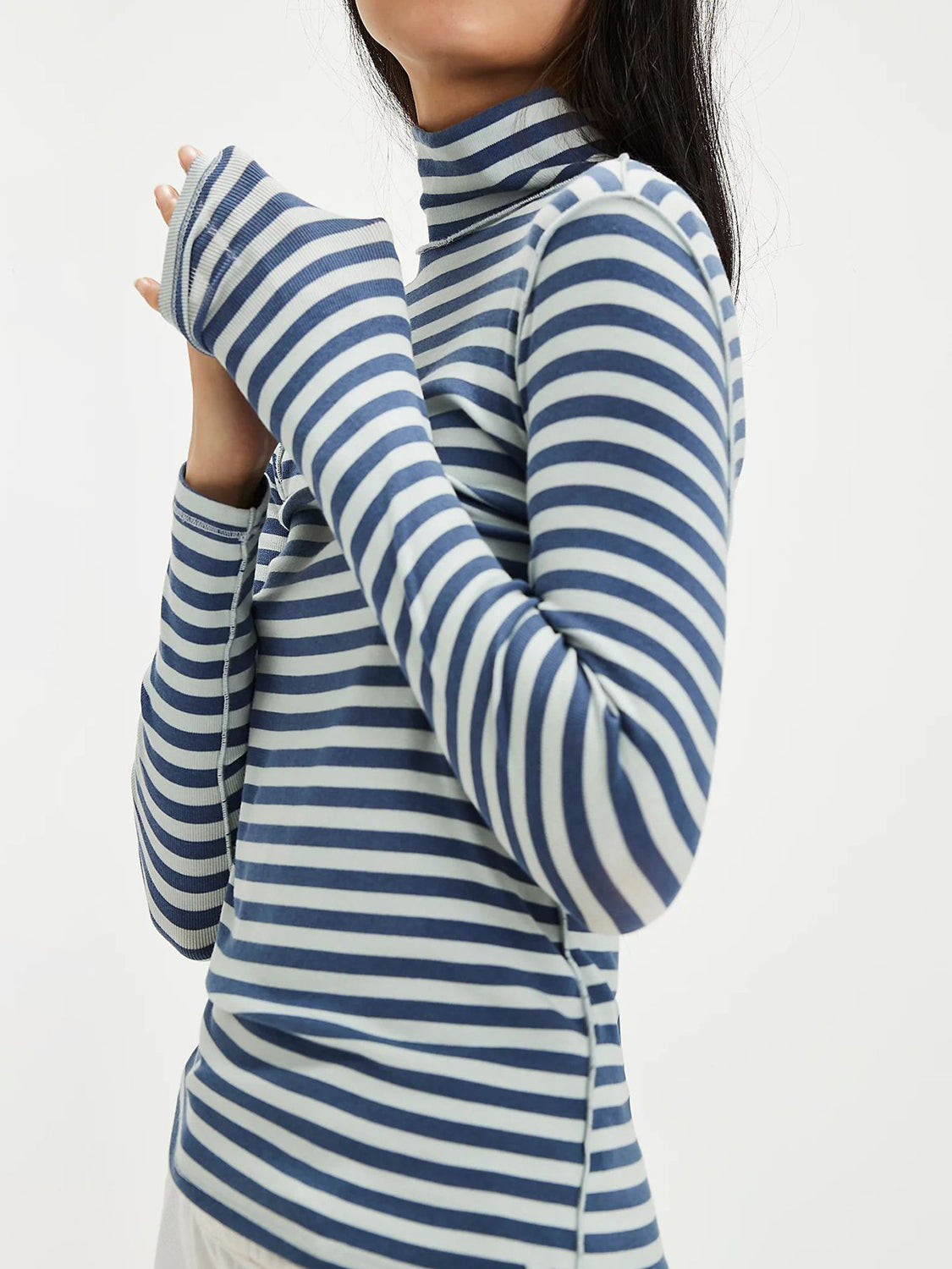 Striped Turtleneck T-Shirt Cotton Blend Women Exposed Seam Long Sleeve