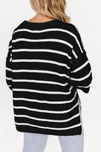 Stripe Knit Top Women's Collared Button Drop Shoulder Side Slit Long Sleeve 3fbe6b49-2e99-4093-a228-05e786cd30da-Max Trendsi