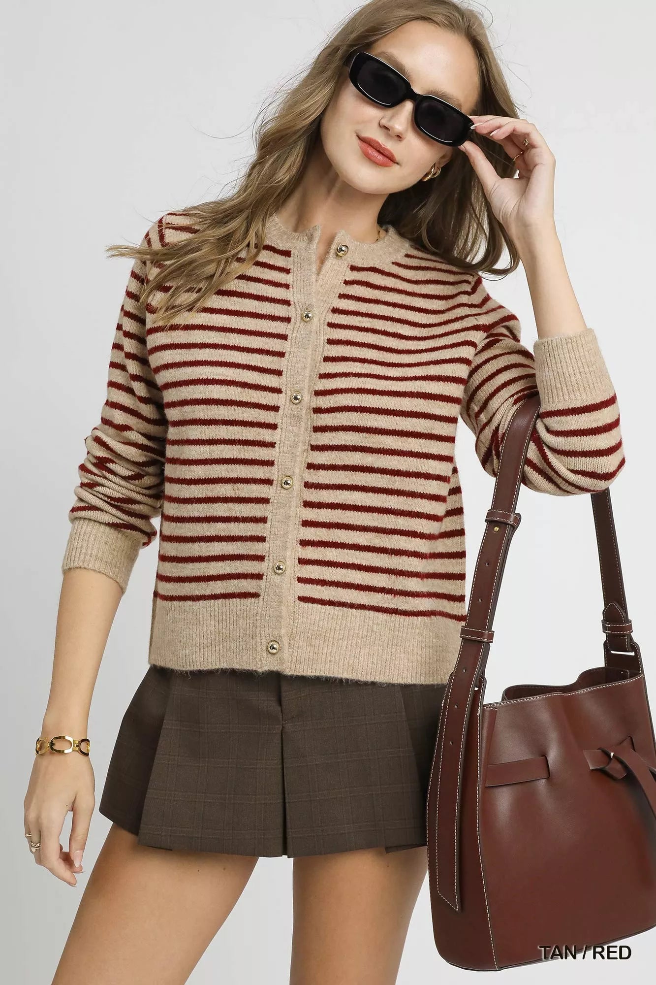Umgee Women's Cardigan Tan Red Striped Button-Up Knit Sweater 3fc01f94-3ec2-442f-af47-694a8082d83c-Max-Origin Trendsi