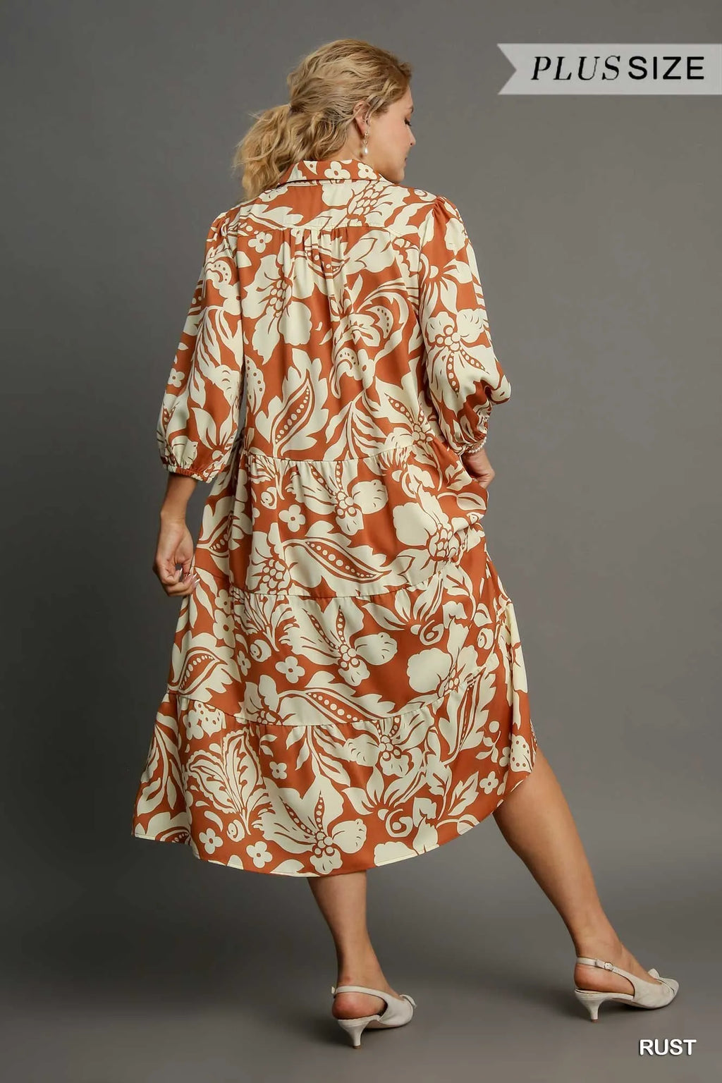 Umgee Midi Shirt Dress Rust Floral Tiered 3/4 Sleeve 3fc1ec82-97d6-41b2-a822-701d312004a0-Max-Origin Trendsi