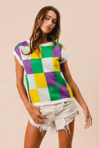 BiBi Womens Sweater Knit Top Mardi Gras Checker Pattern Sleeveless 3fc6c606aa9f42549902efb052567331-Max-Origin Trendsi