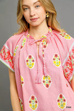 Umgee Blouse Pink Boho Bloom Border Print Short Sleeve Top 3fcae8c6-9e28-43ef-b2c5-e37a6c8de1a0-Max-Origin Trendsi