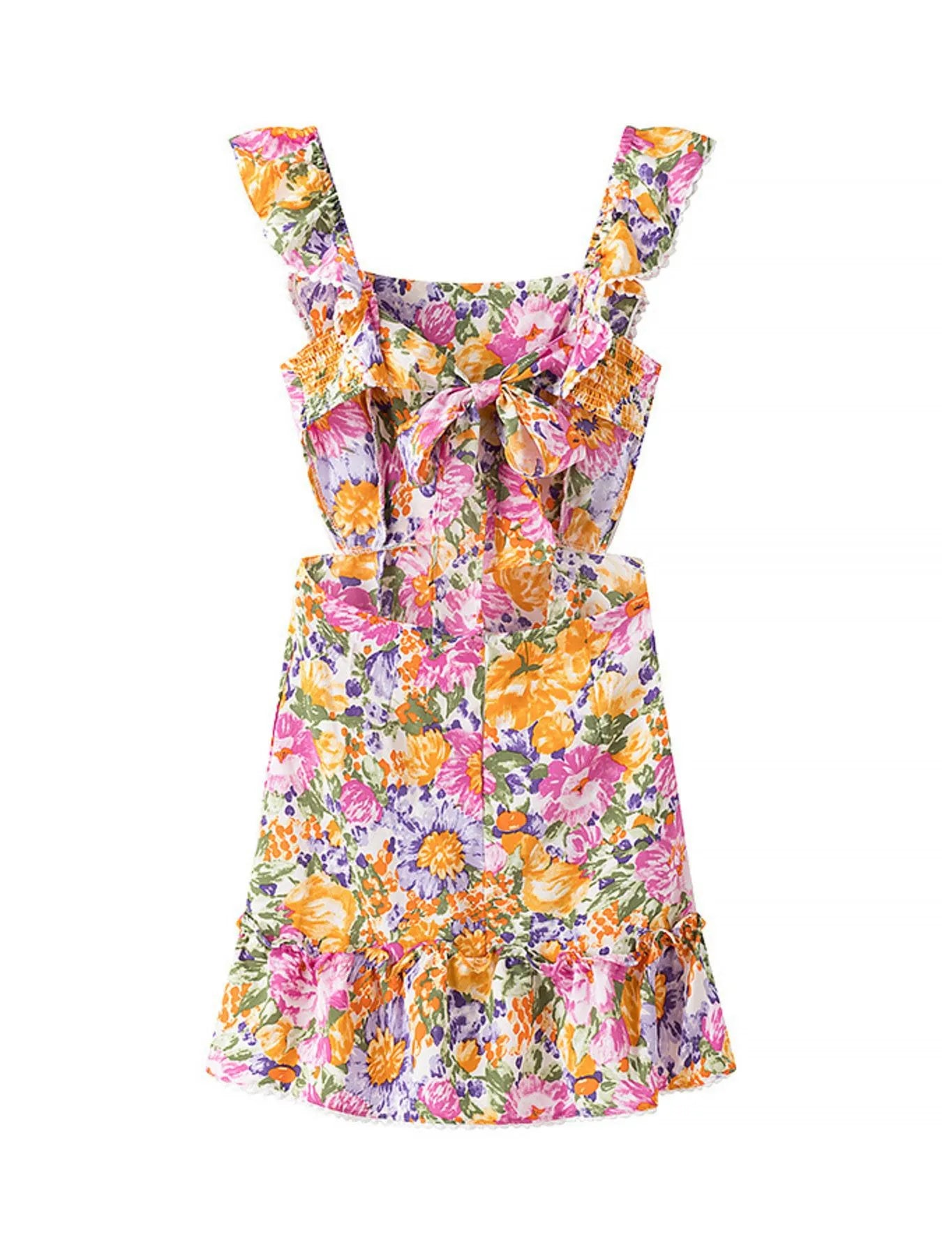 Floral Mini Dress Colorful Print Ruffled Hem Cutout Bow Tied Backless 3fd32e2b-bc57-448d-8bea-8d442ebba017-Max-Origin Trendsi
