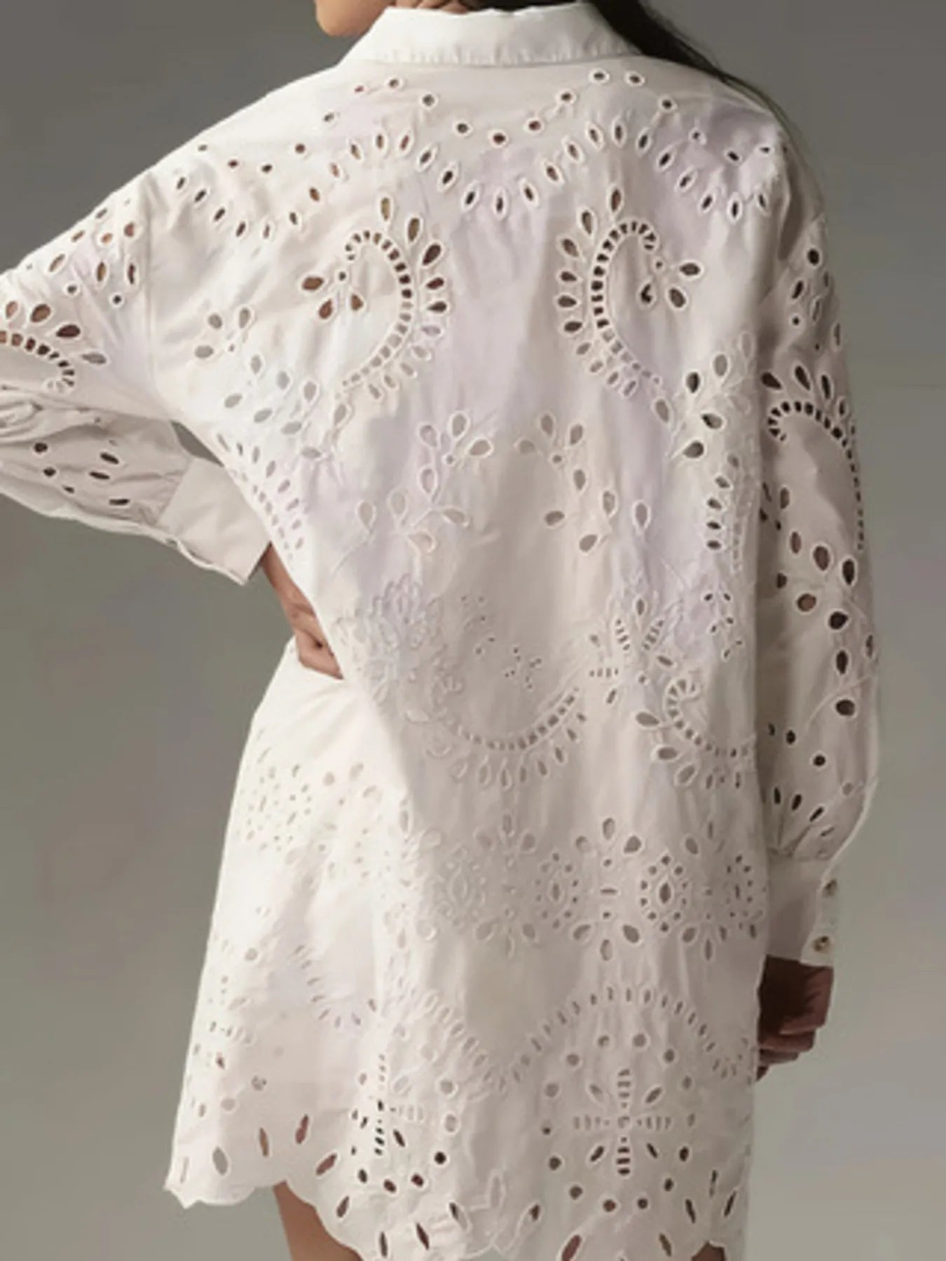Shirt Dress Crochet Eyelet White Button Front Long Sleeve Short Dress 3fd4f0b3dd264f728a0af59690762663-Max-Origin Trendsi