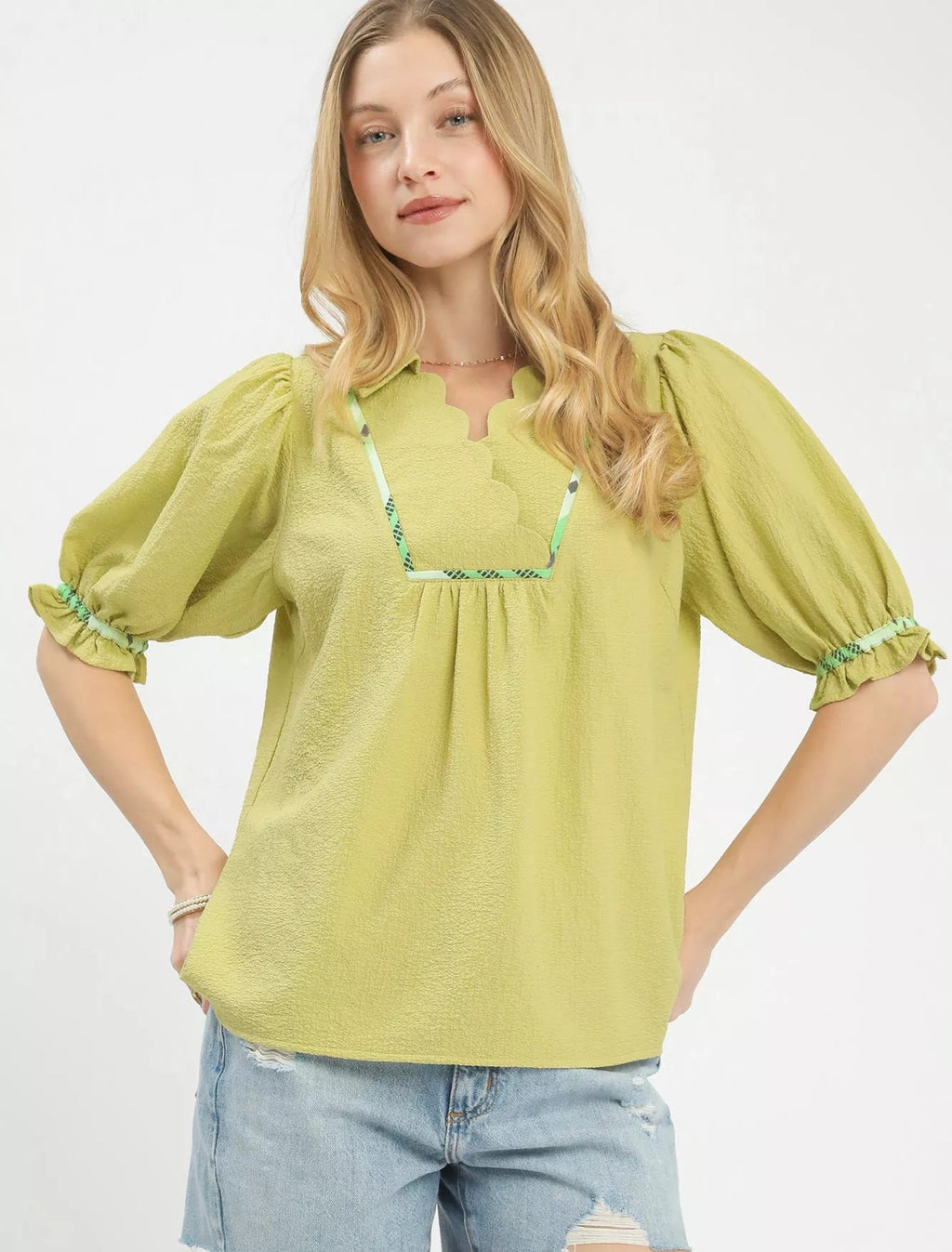 Umgee Blouse Sage Scalloped Trim Top with Puff Short Sleeves SAGE 3feb5fcc-1689-4408-b38b-7cf15ee4d9be-Max-Origin Trendsi