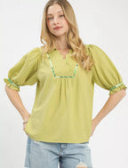 Umgee Blouse Sage Scalloped Trim Top with Puff Short Sleeves SAGE 3feb5fcc-1689-4408-b38b-7cf15ee4d9be-Max-Origin Trendsi