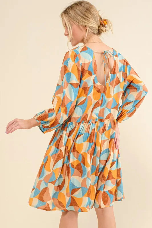 And The Why Mini Dress Geometric Colorful Printed Open Back Puff Sleeve 3ffa349943bb41ed95fa204ad9ef6736-Max-Origin Trendsi