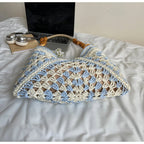 Women's Beach Crochet Shoulder Bag Medium Wave Knit Woven Blue Handbag